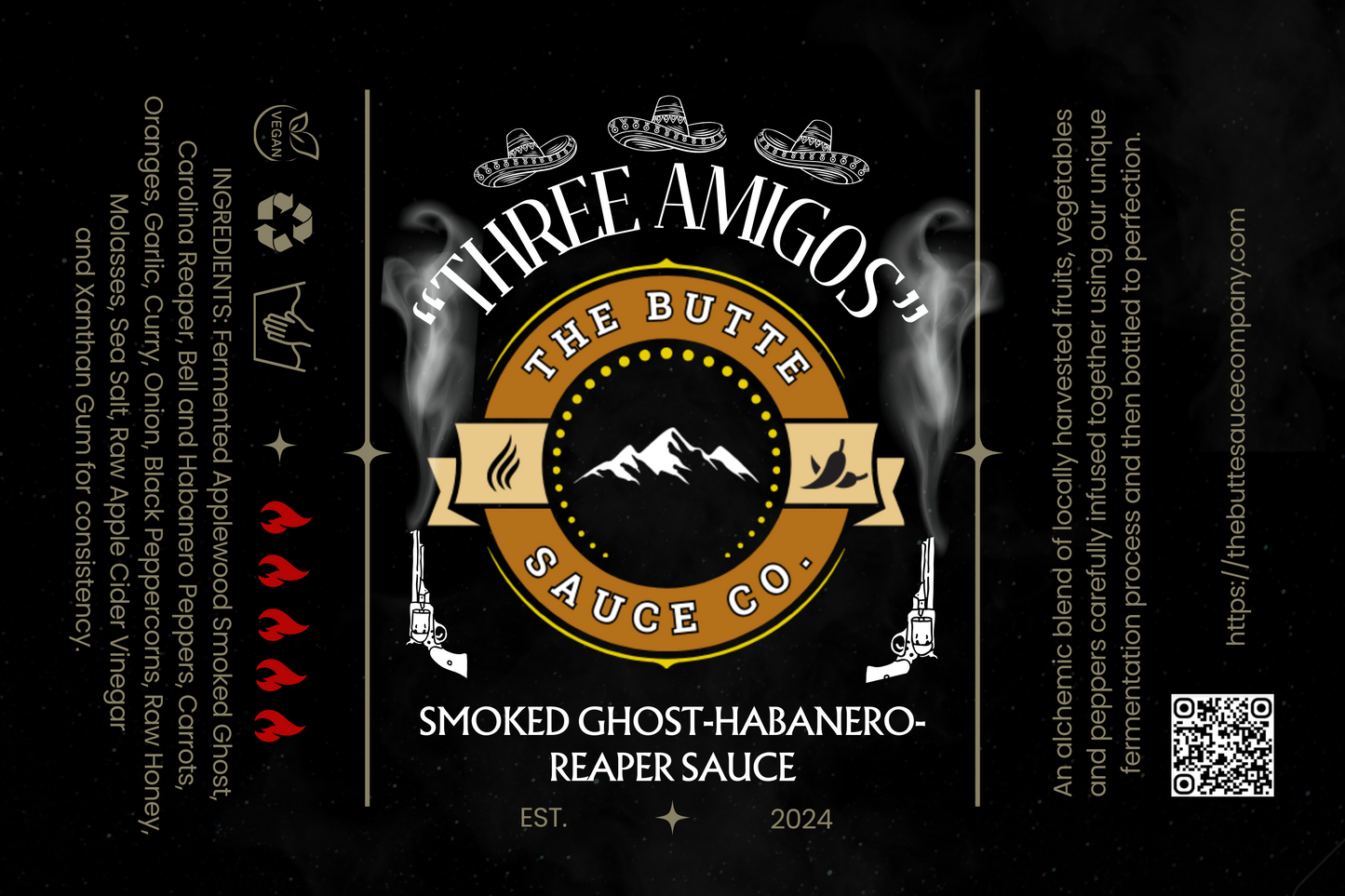 "Three Amigos" Craft-Fermented Applewood-Smoked Reaper, Ghost, Lime and Peppercorn Sauce / 5 oz. bottle by The Butte Sauce Co.